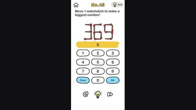 Brain Out Level 45 What is the largest number that can be produced by moving one match real gameplay