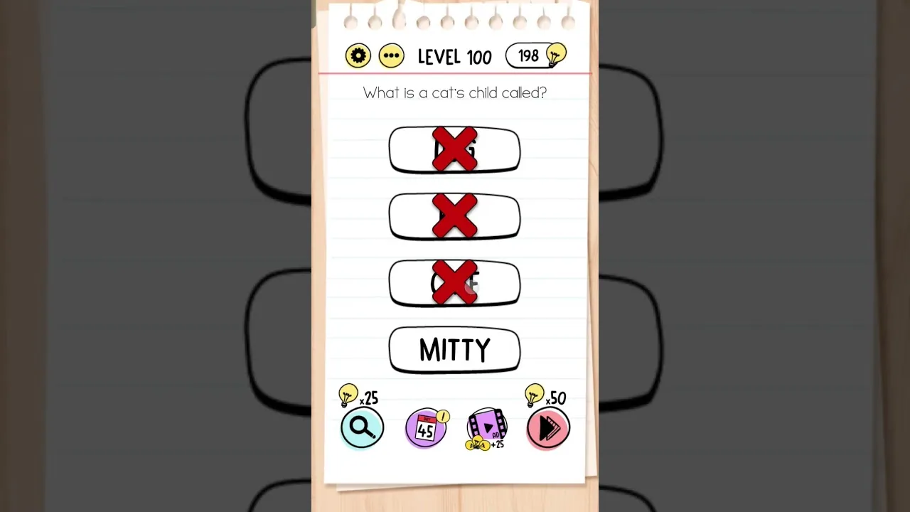 Brain Test Level 100 What is a cat’s child called gameplay screenshot