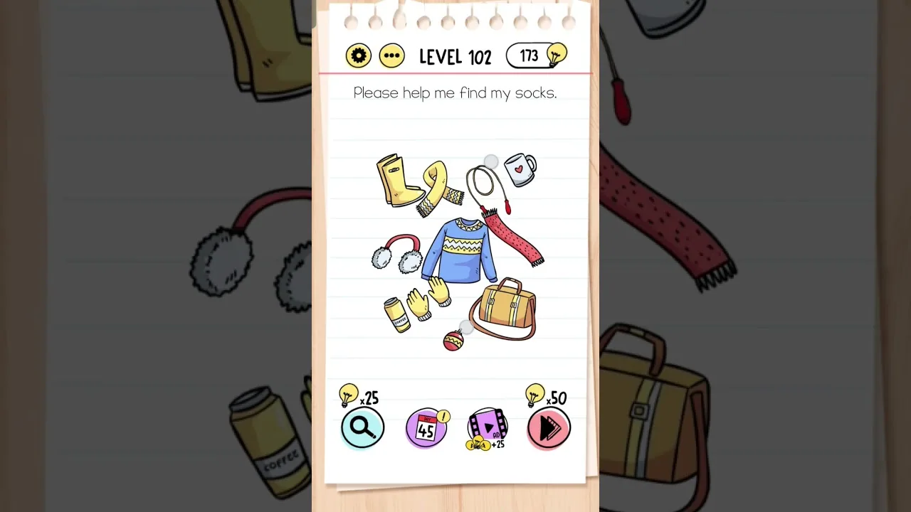 Brain Test Level 102 Please help me find my socks gameplay screenshot