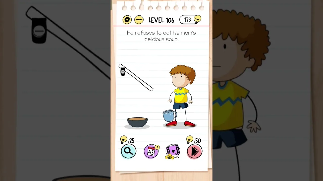 Brain Test Level 106 He refuses to eat his mom’s delicious soup gameplay screenshot