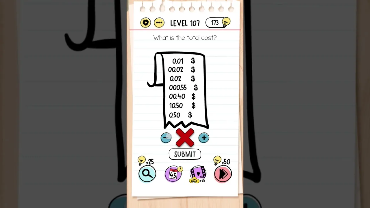 Brain Test Level 107 Whats is the total cost gameplay screenshot