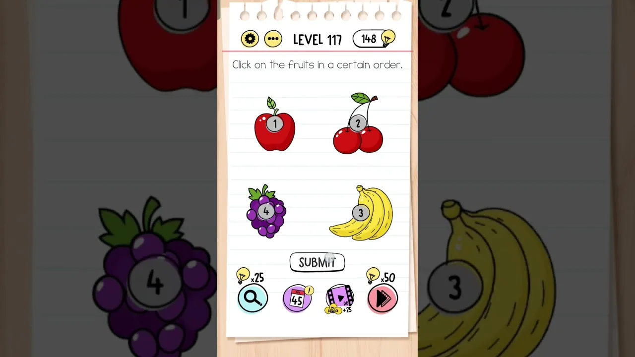Brain Test Level 117 Click on the fruits in a certain order gameplay screenshot