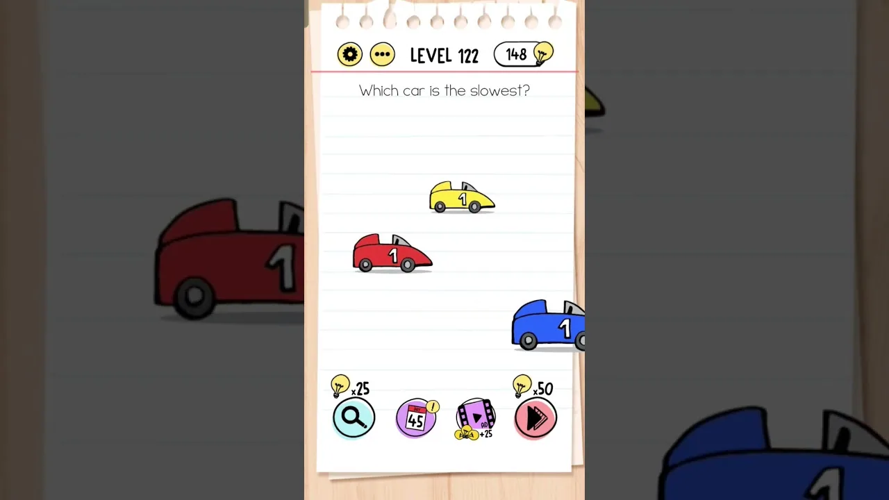 Brain Test Level 122 Which car is the slowest gameplay screenshot