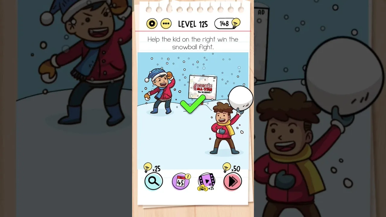Brain Test Level 125 Help the kid on the right win the snowball fight gameplay screenshot