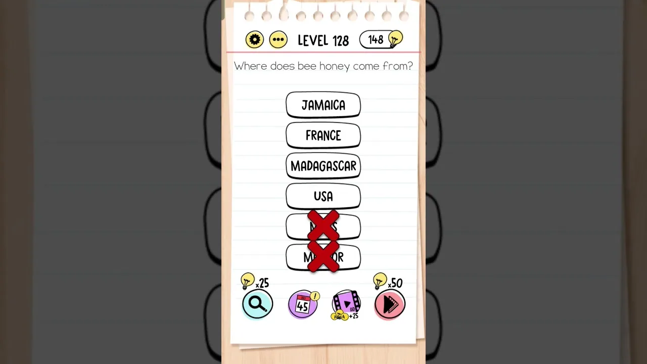 Brain Test Level 128 Where does bee honey come from gameplay screenshot