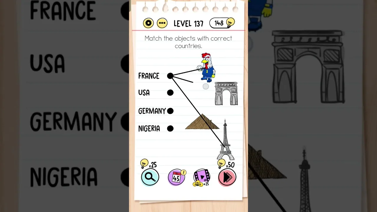 Brain Test Level 137 Match the objects with correct countries gameplay screenshot