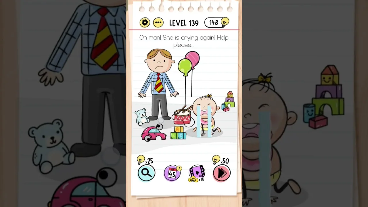 Brain Test Level 139 Oh man! She is crying again! help please… gameplay screenshot