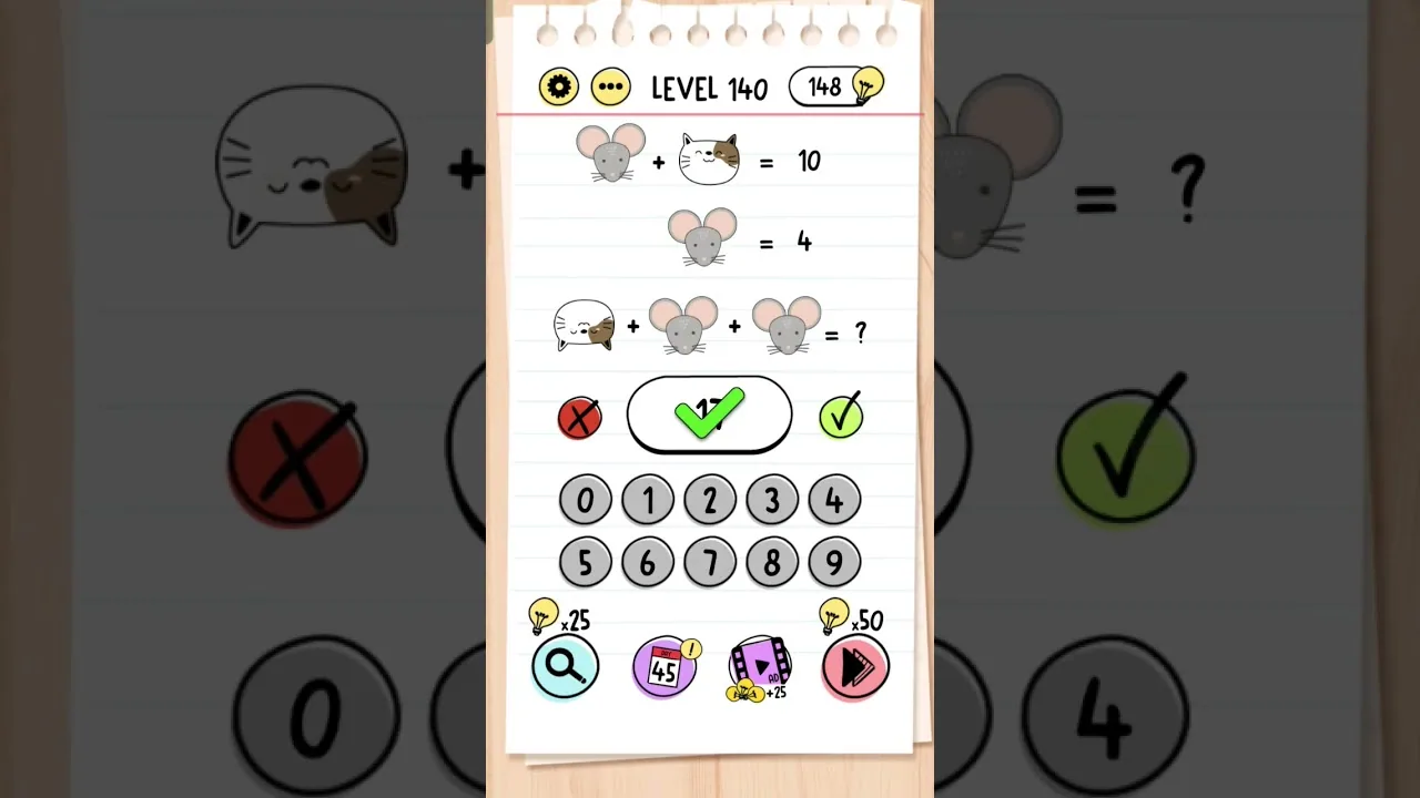 Brain Test Level 140 Mouse + Cat = 10 Mouse = 4 Cat + Mouse + Mouse = ? gameplay screenshot