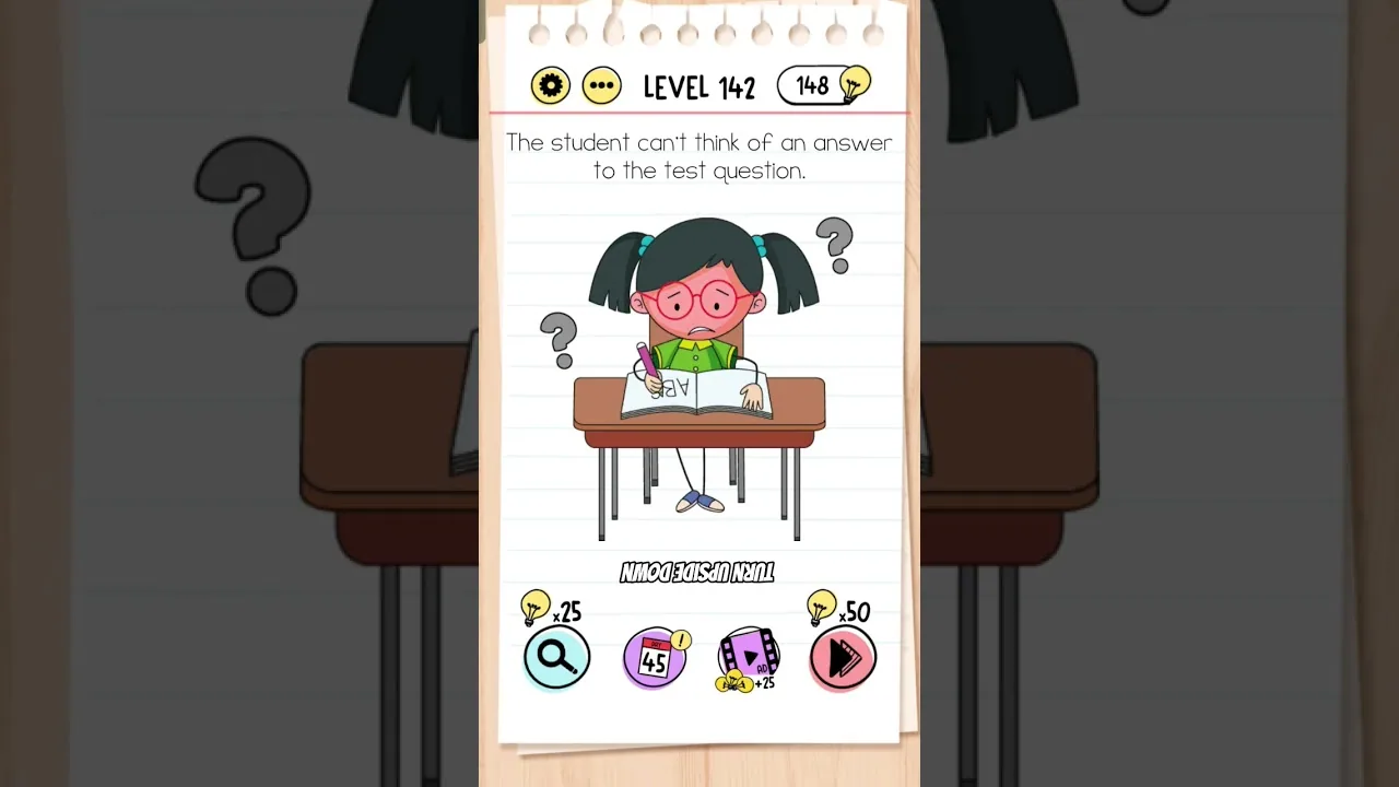 Brain Test Level 142 The student can’t think of an answer to the test question gameplay screenshot