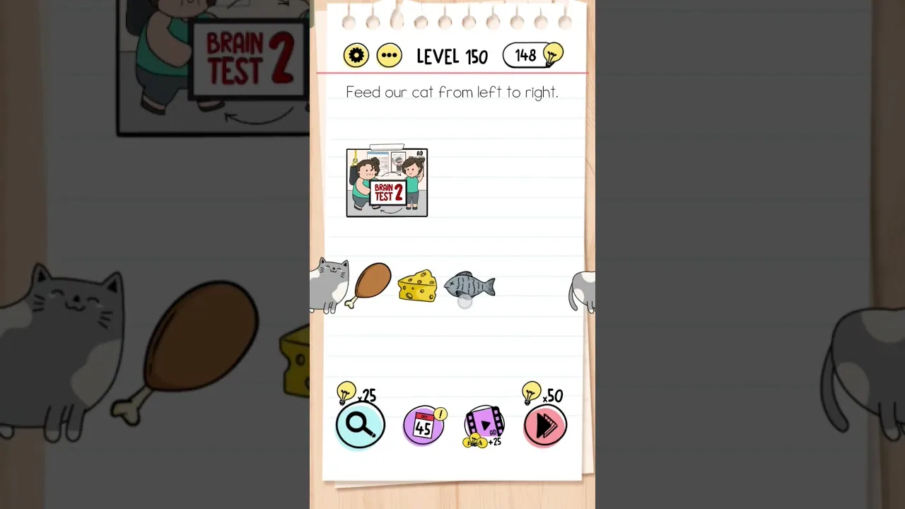 Brain Test Level 150 Feed our cat from left to right gameplay screenshot