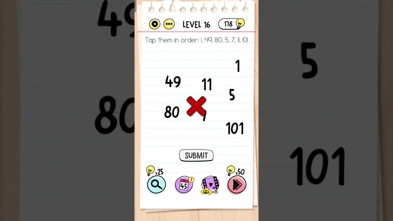 Brain Test Level 16 Tap them in order: 1, 49, 80, 5, 7, 11, 101 gameplay screenshot
