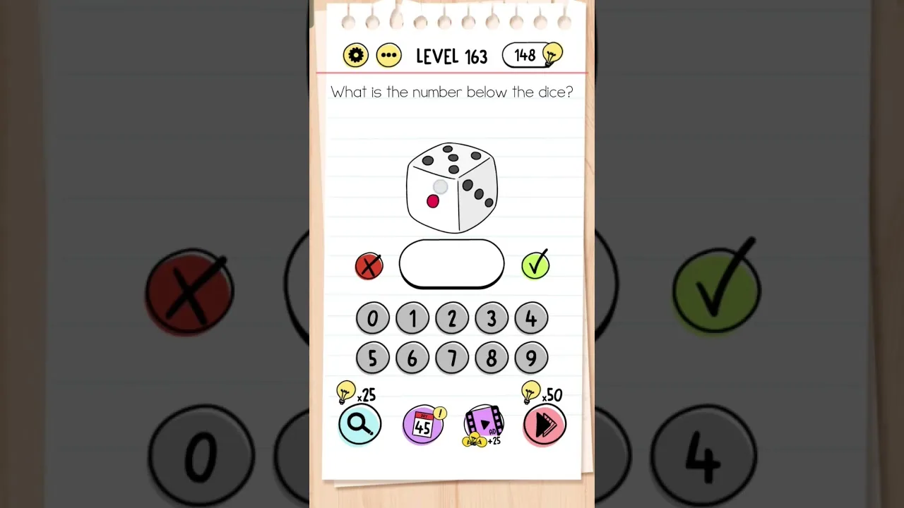 Brain Test Level 163 What is the number below the dice gameplay screenshot