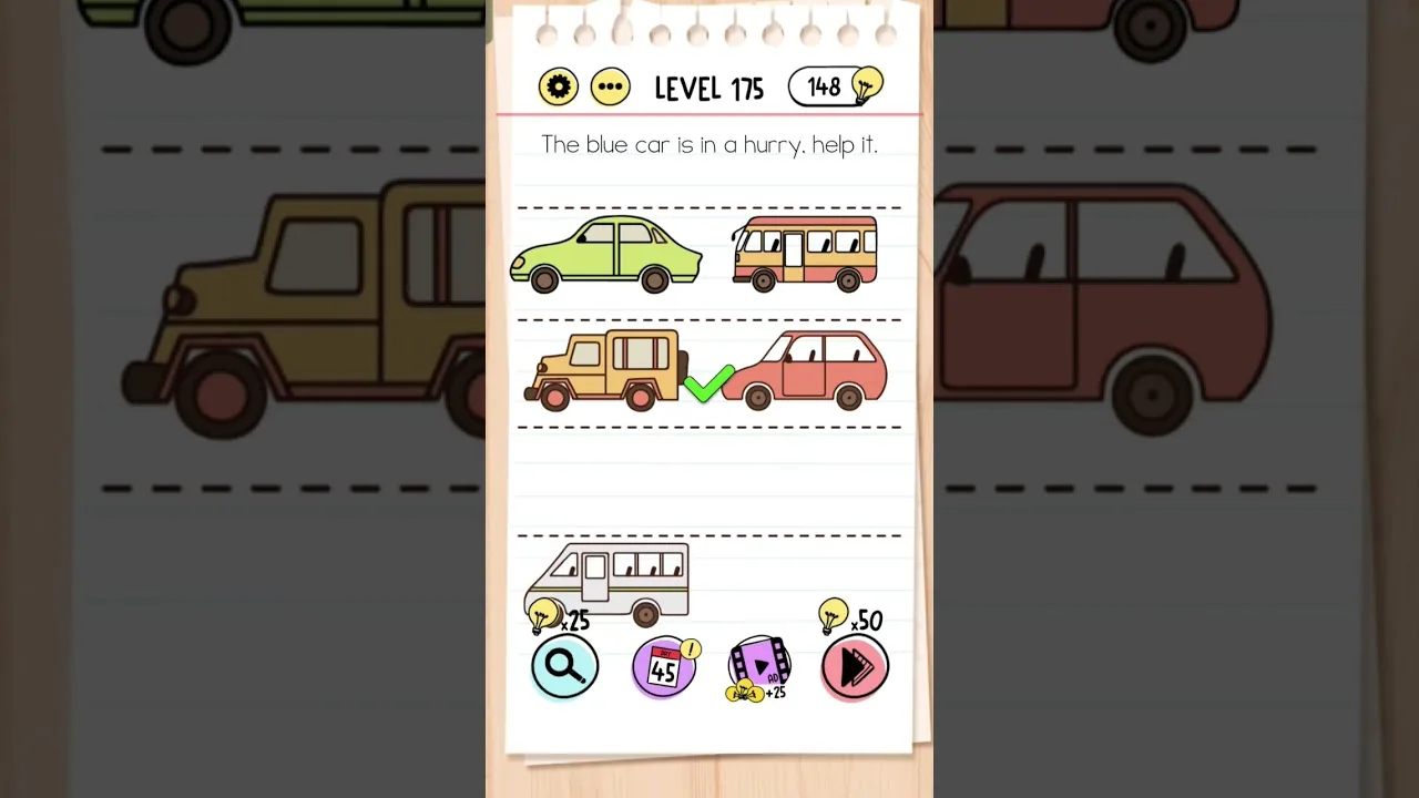 Brain Test Level 175 he blue car is in a hurry, help it gameplay screenshot