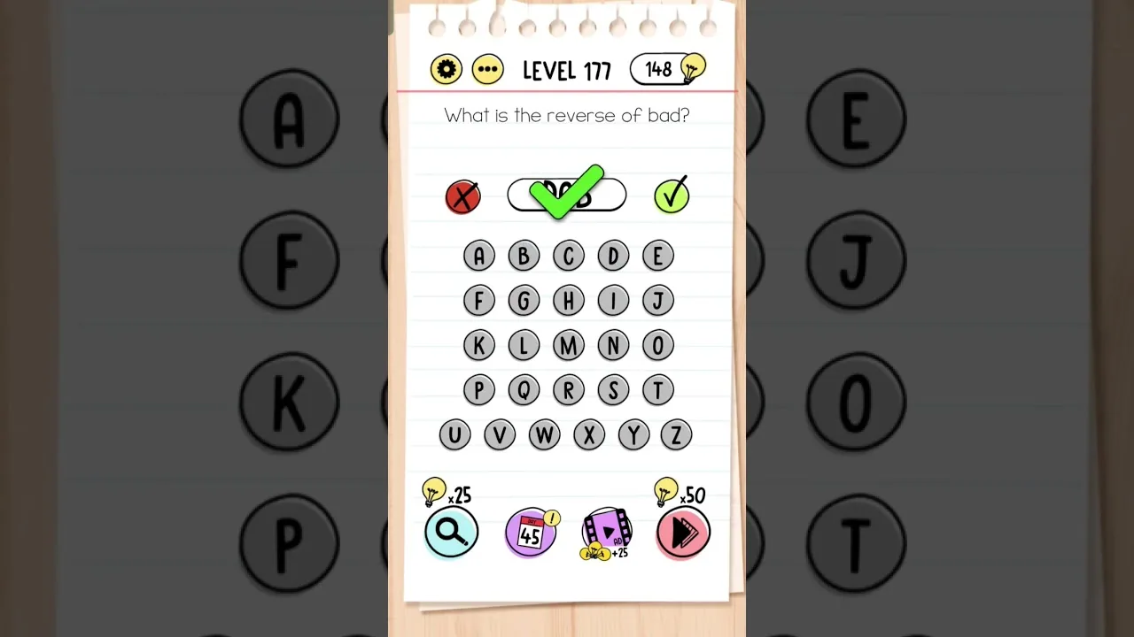 Brain Test Level 177 What is the reverse of bad gameplay screenshot