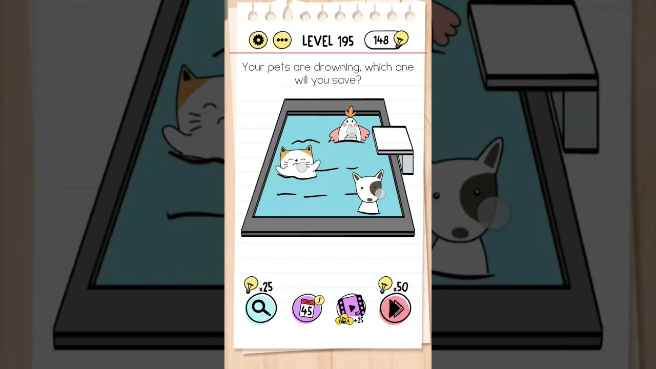 Brain Test Level 195 Your pets are drowning, which one will you save gameplay screenshot