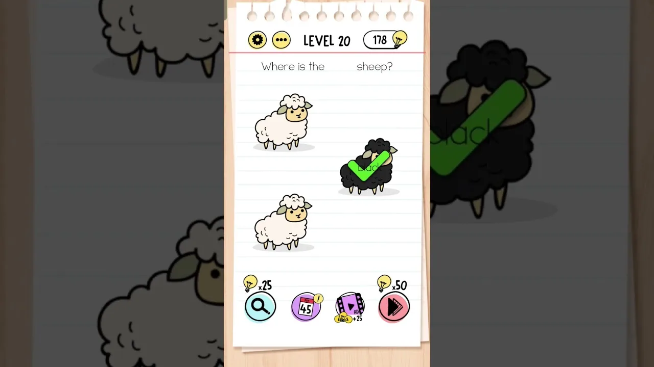 Brain Test Level 20 Where is the black sheep gameplay screenshot