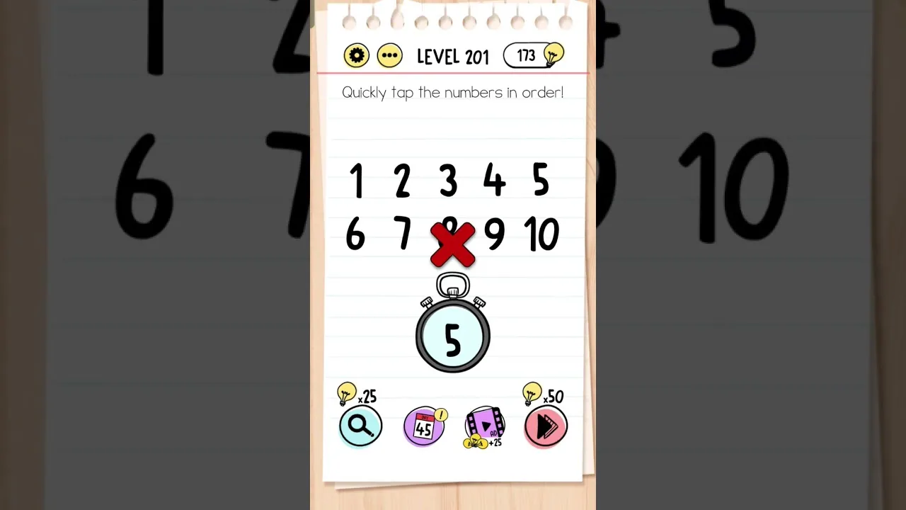 Brain Test Level 201 Quickly tap the numbers in order gameplay screenshot