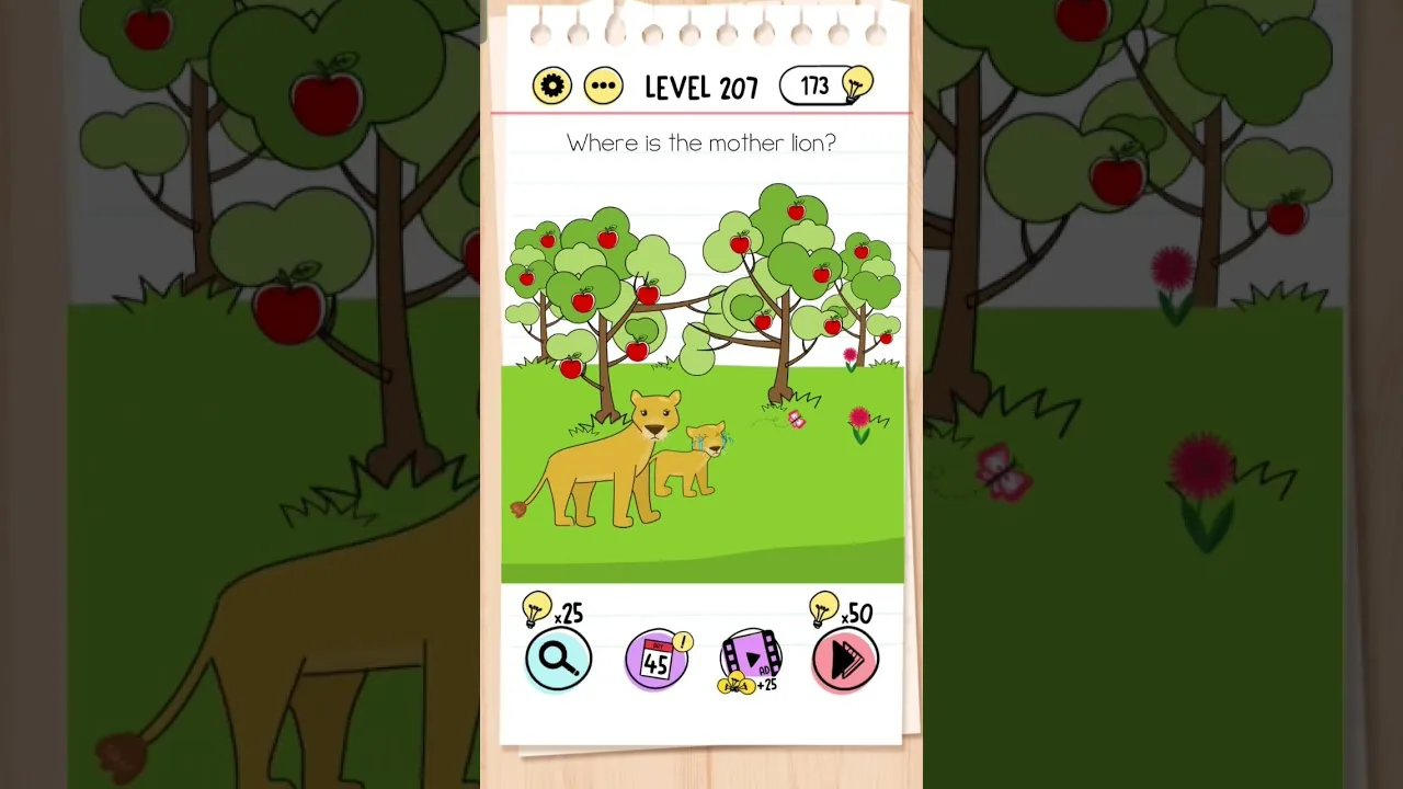 Brain Test Level 207 Where is the mother lion gameplay screenshot