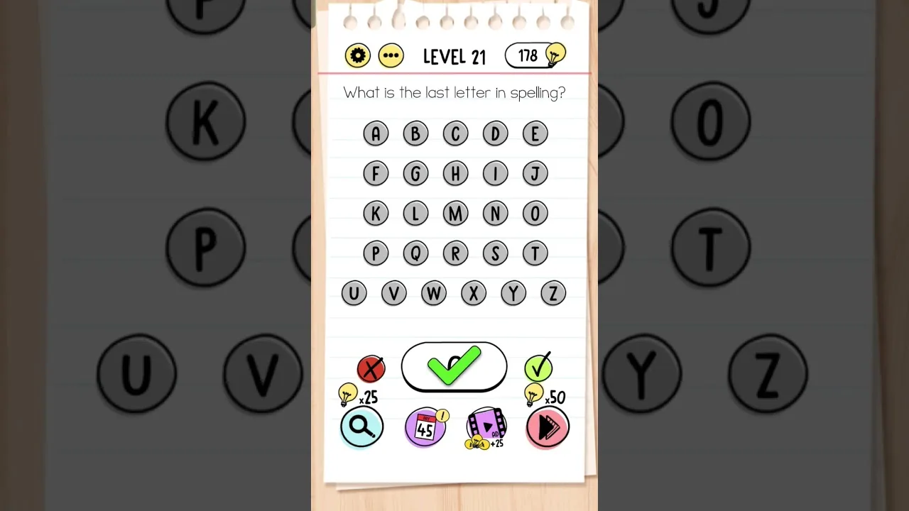 Brain Test Level 21 What is the last letter in spelling gameplay screenshot