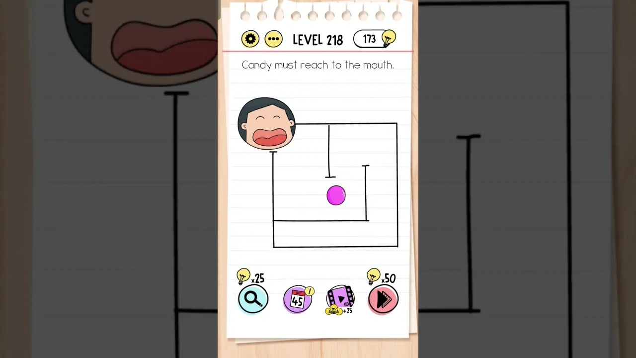 Brain Test Level 218 Candy must reach to the mouth gameplay screenshot