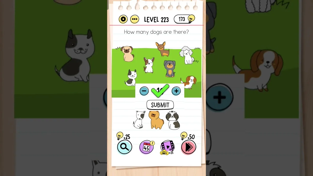Brain Test Level 223 How many dogs are there gameplay screenshot