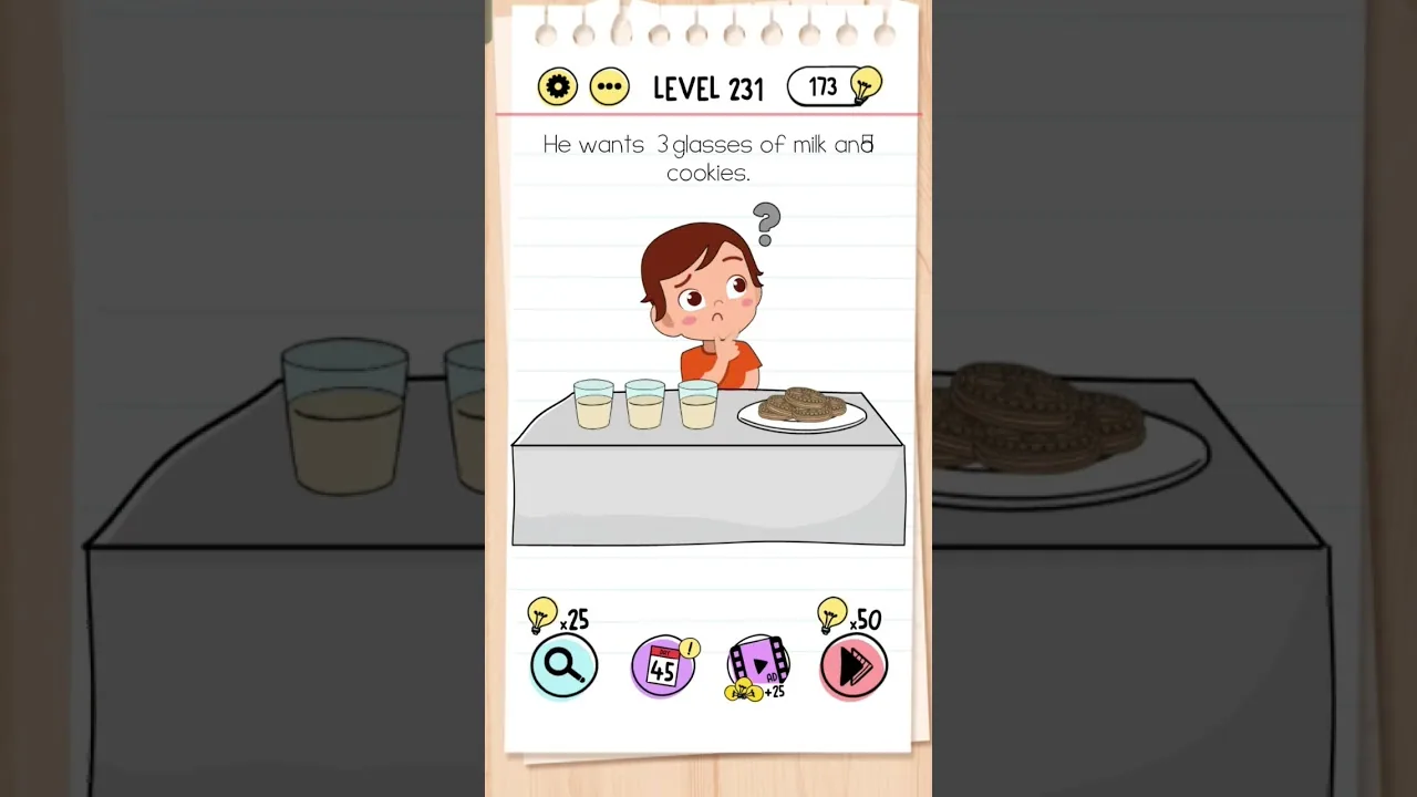 Brain Test Level 231 He wants 5 glasses of milk and 3 cookies gameplay screenshot