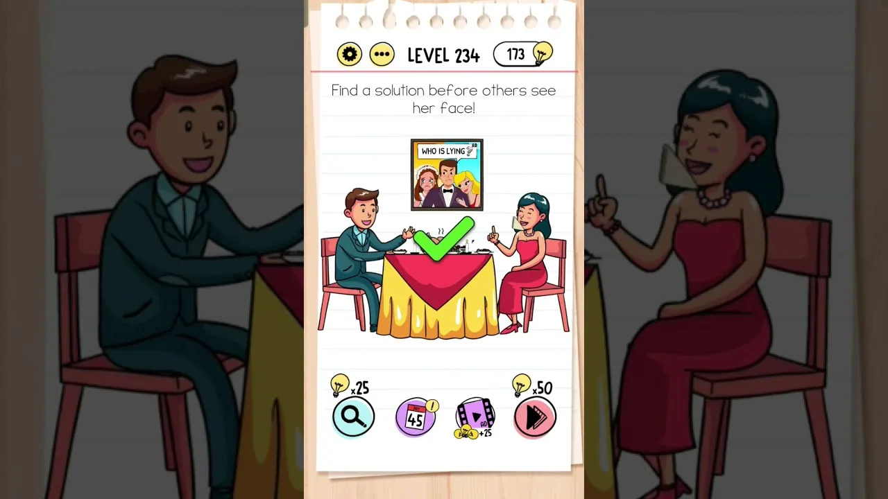 Brain Test Level 234 Find a solution before others see her face gameplay screenshot