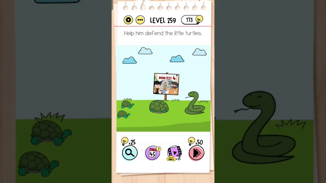 Brain Test Level 259 Help him defend the little turtles gameplay screenshot