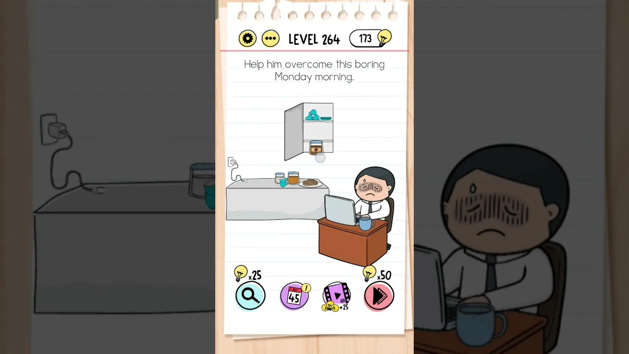 Brain Test Level 264 Help him overcome this boring Monday morning gameplay screenshot