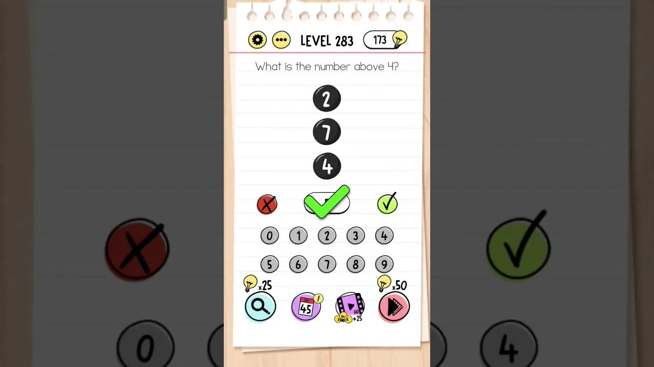 Brain Test Level 283 What is the number above 4 ? gameplay screenshot