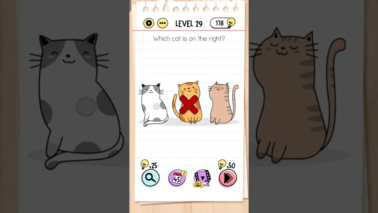 Brain Test Level 29 Which cat is on the right? gameplay screenshot