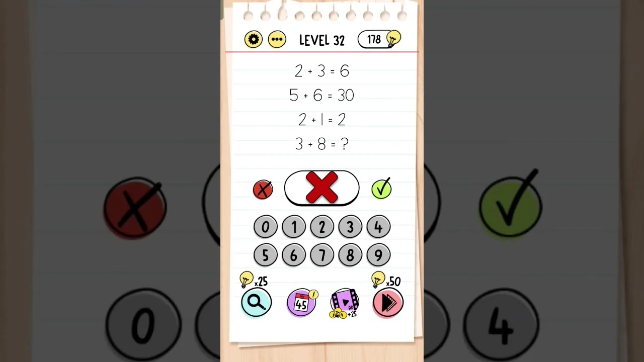 Brain Test Level 32 (3+8=?) gameplay screenshot