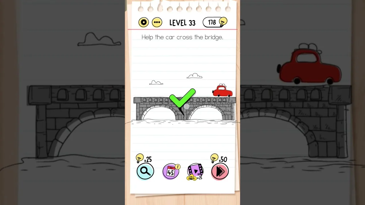 Brain Test Level 33 Help the car cross the bridge gameplay screenshot