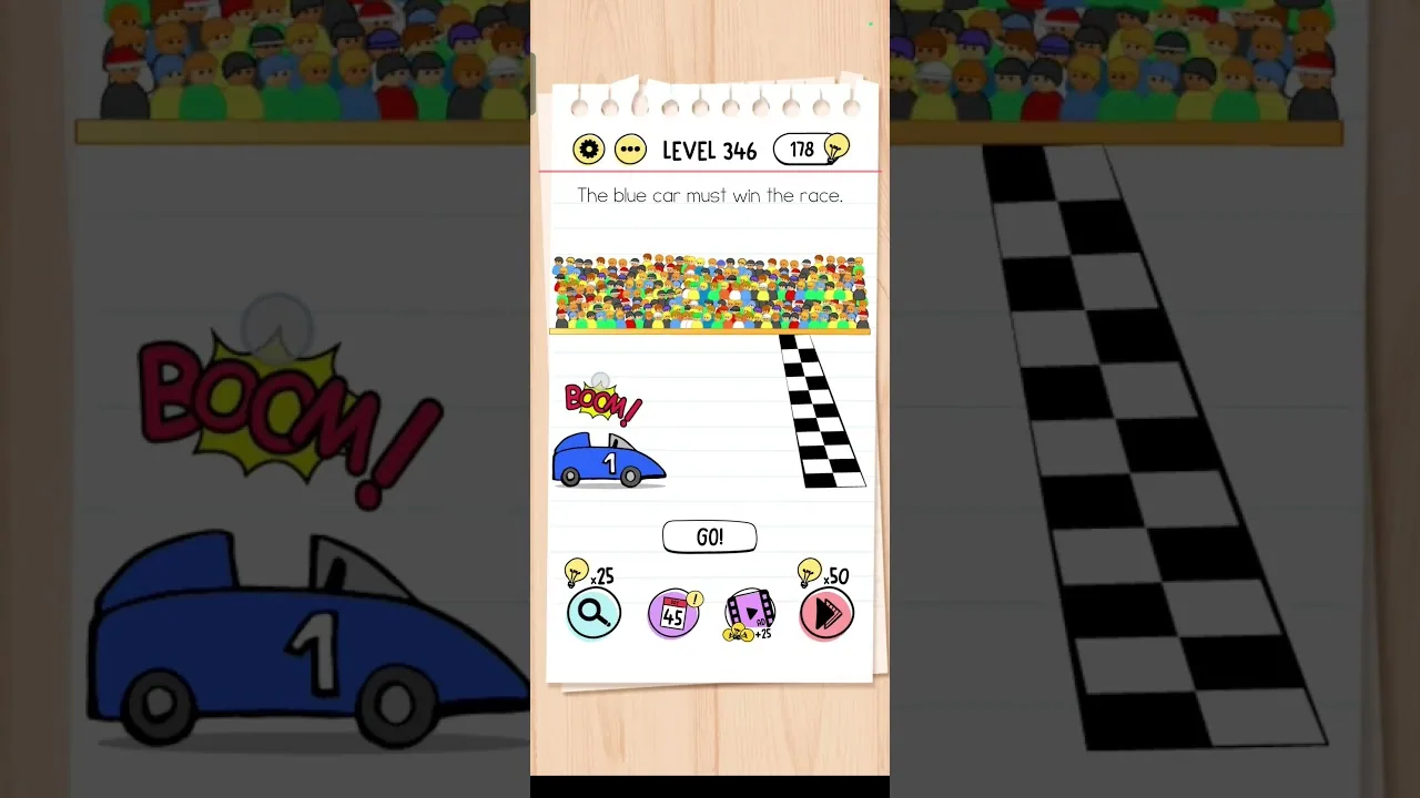 Brain Test Level 346 The blue car must win Answer gameplay screenshot