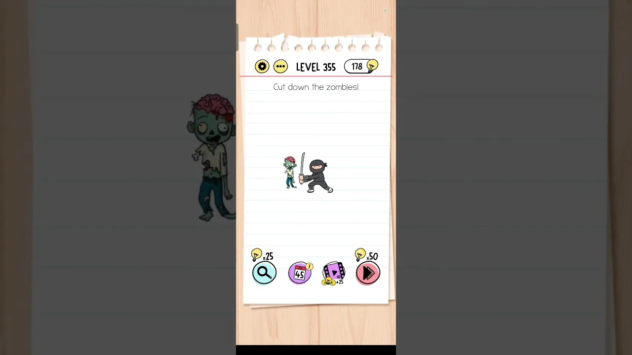 Brain Test Level 355 Cut down the zombies Answer gameplay screenshot