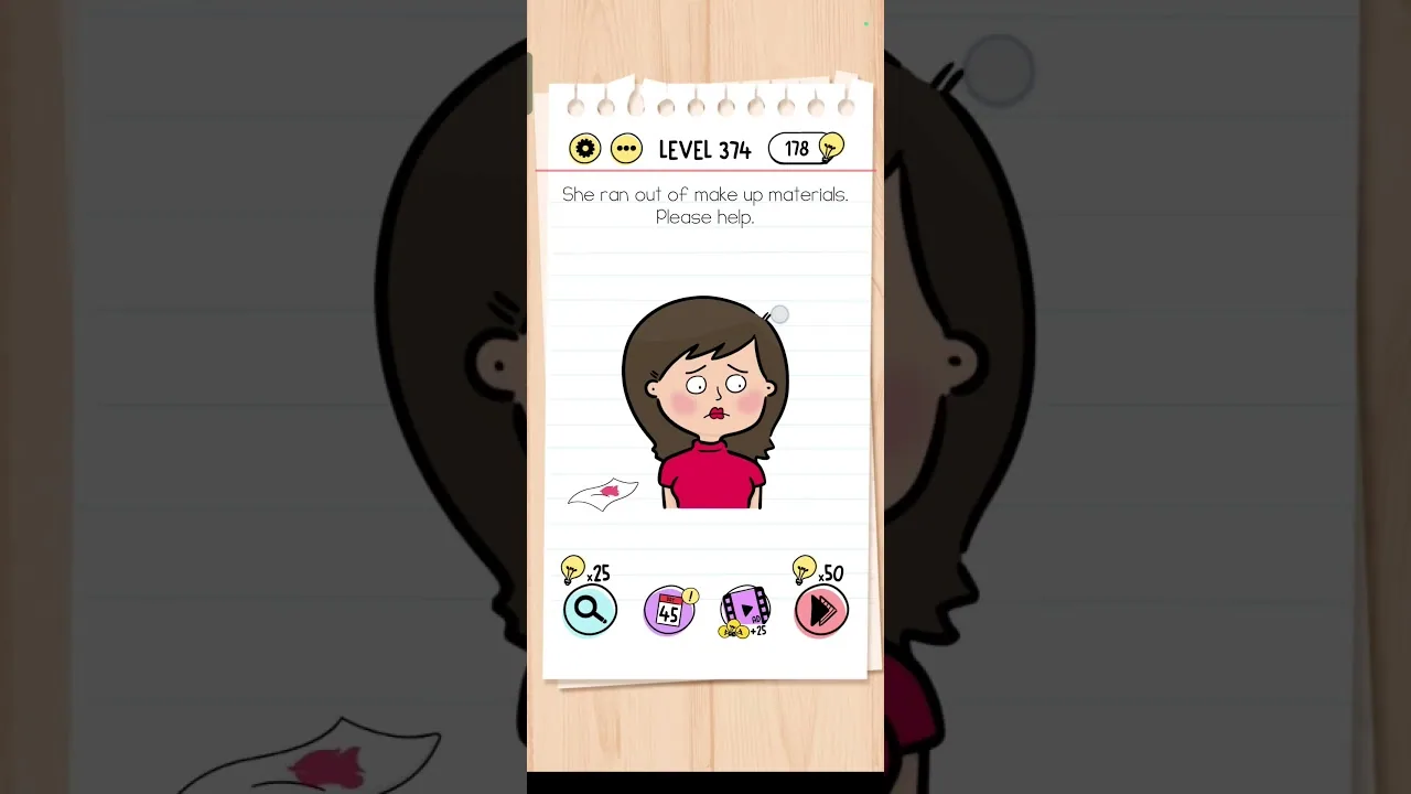 Brain Test Level 374 She ran out of make up Answer gameplay screenshot