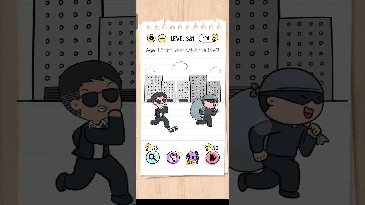 Brain Test Level 381 Agent Smith must catch Answer gameplay screenshot