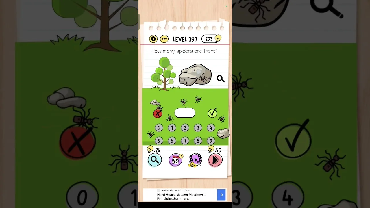 Brain Test Level 397 How many spiders Answer gameplay screenshot