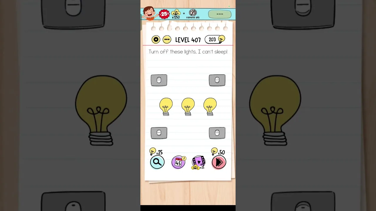 Brain Test Level 407 Turn off these lights Answer gameplay screenshot