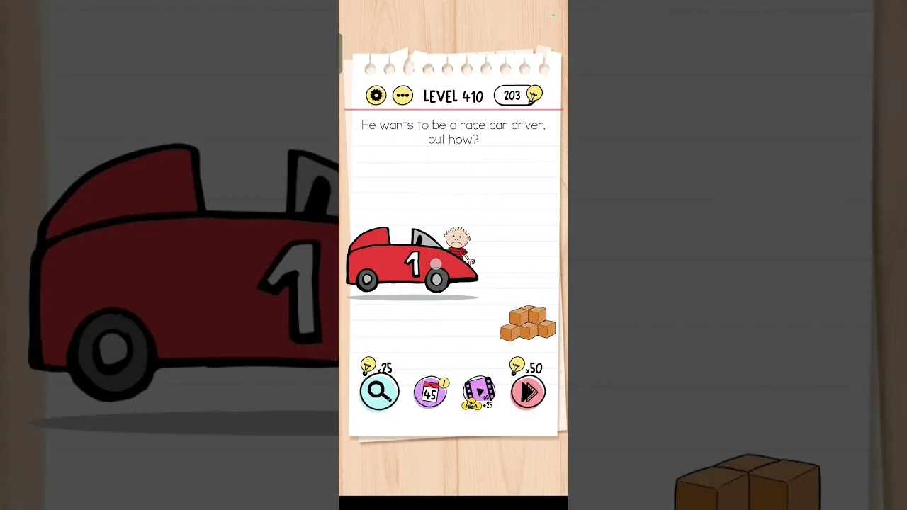 Brain Test Level 410 He wants to be a race car driver Answer gameplay screenshot