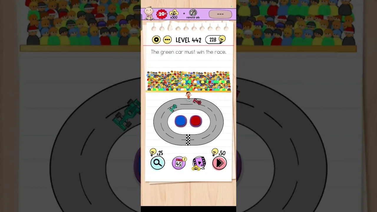 Brain Test Level 442 The green car must win the race Answer gameplay screenshot