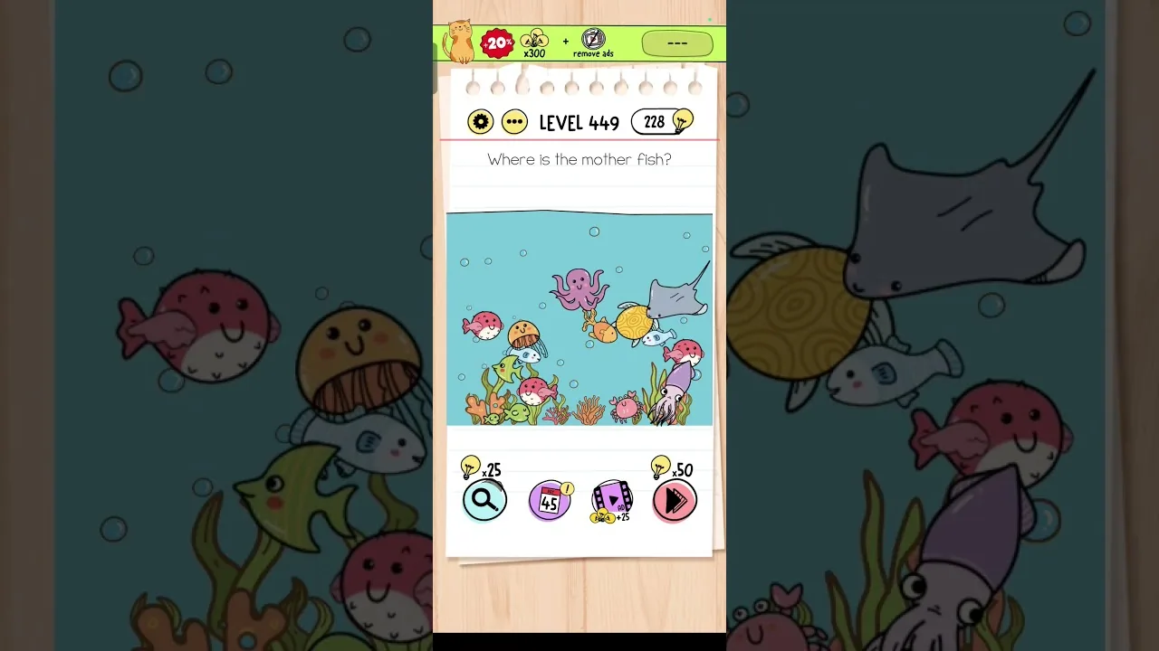 Brain Test Level 449 Where is the mother fish gameplay screenshot