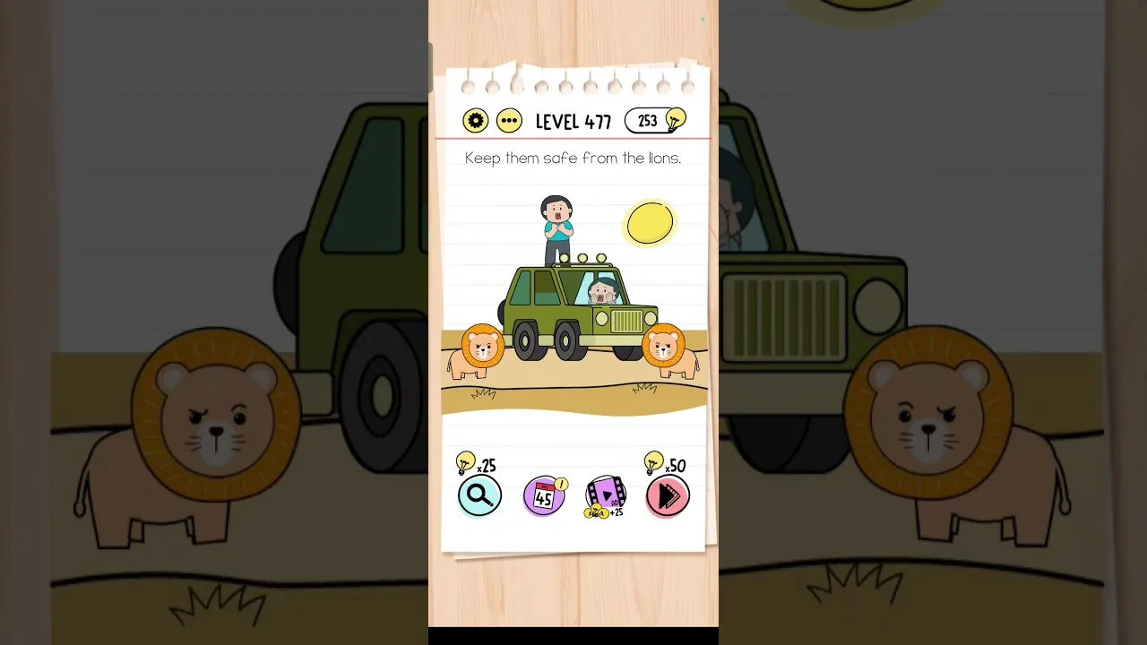 Brain Test Level 477 Keep them safe from the lions. gameplay screenshot