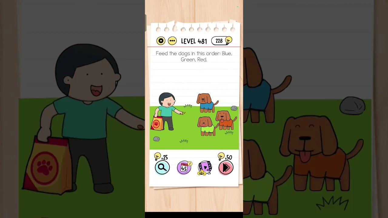 Brain Test Level 481 Feed the dogs in this order: Blue, Green, Red. gameplay screenshot