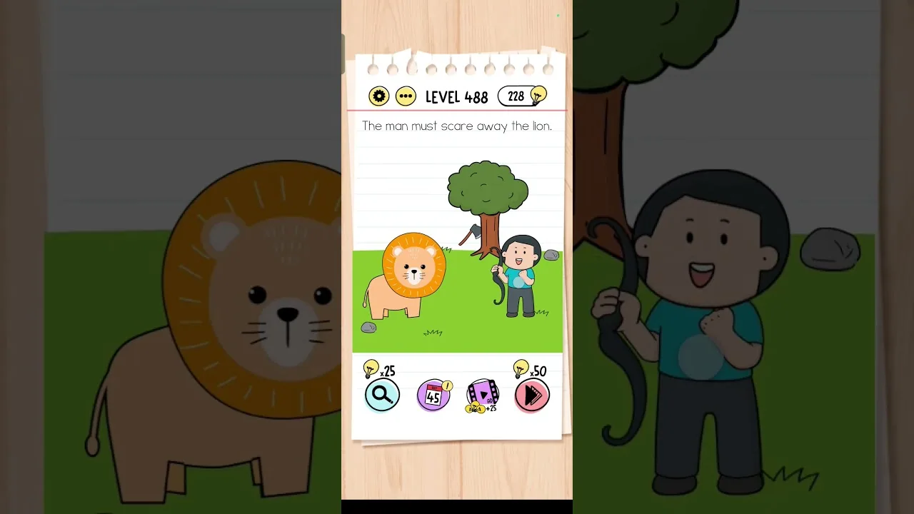 Brain Test Level 488 The man must scare away the lion. gameplay screenshot