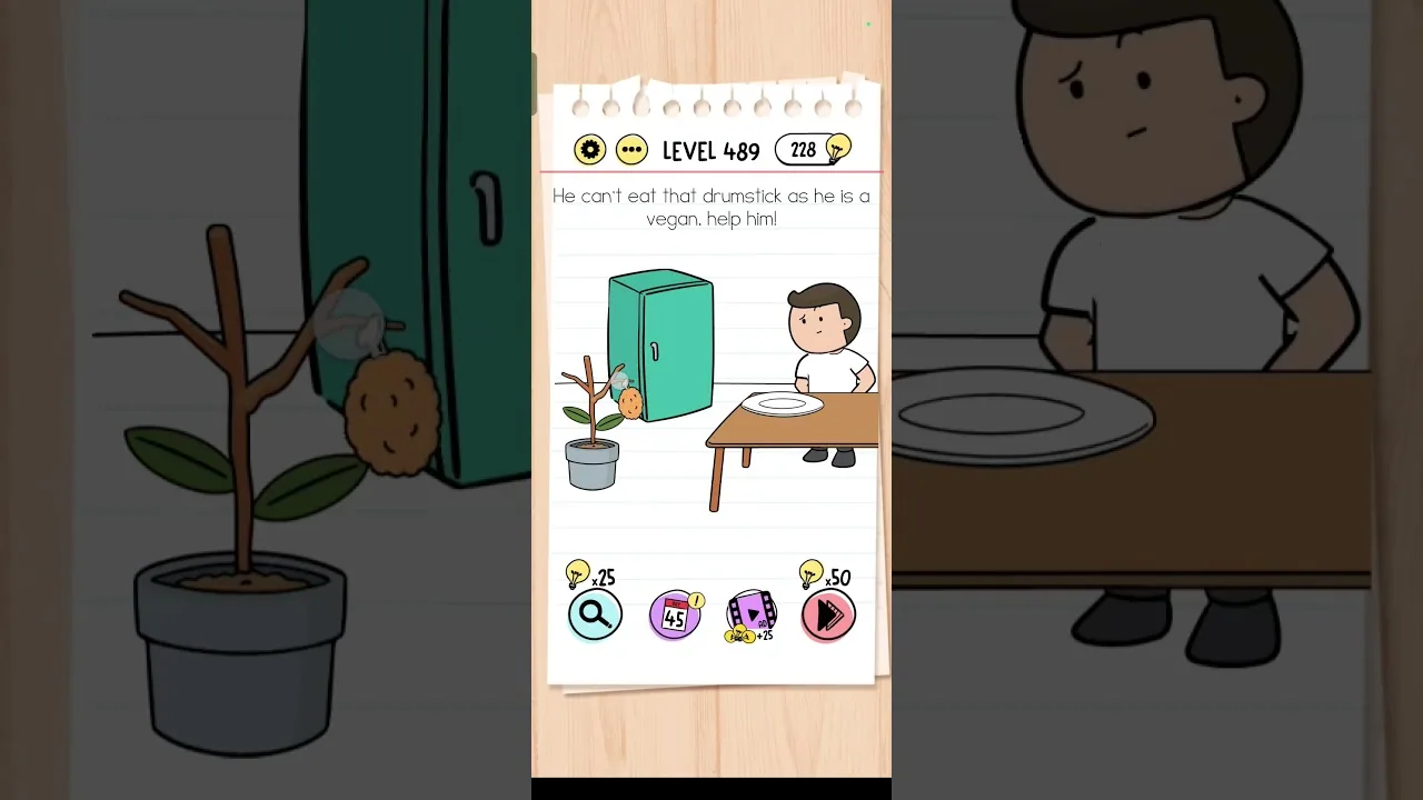 Brain Test Level 489 He can't eat that drumstick as he is a vegan, help him! gameplay screenshot