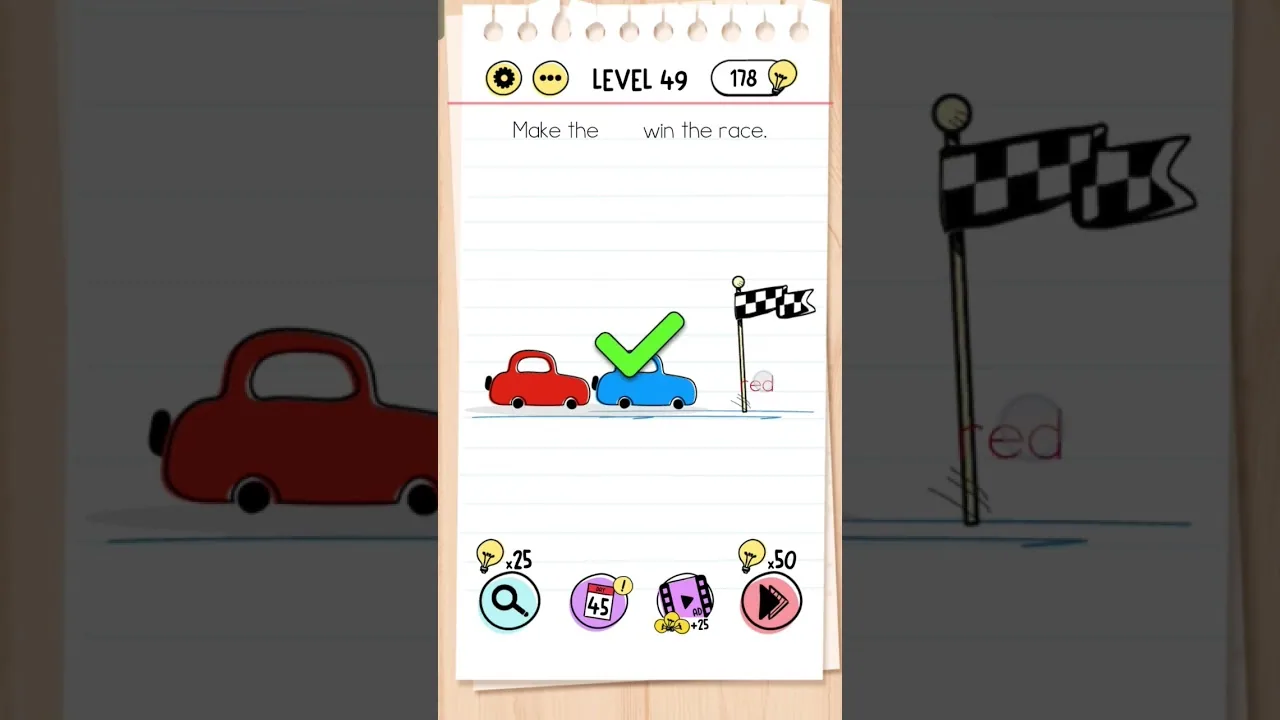 Brain Test Level 49 Make the red win the race gameplay screenshot