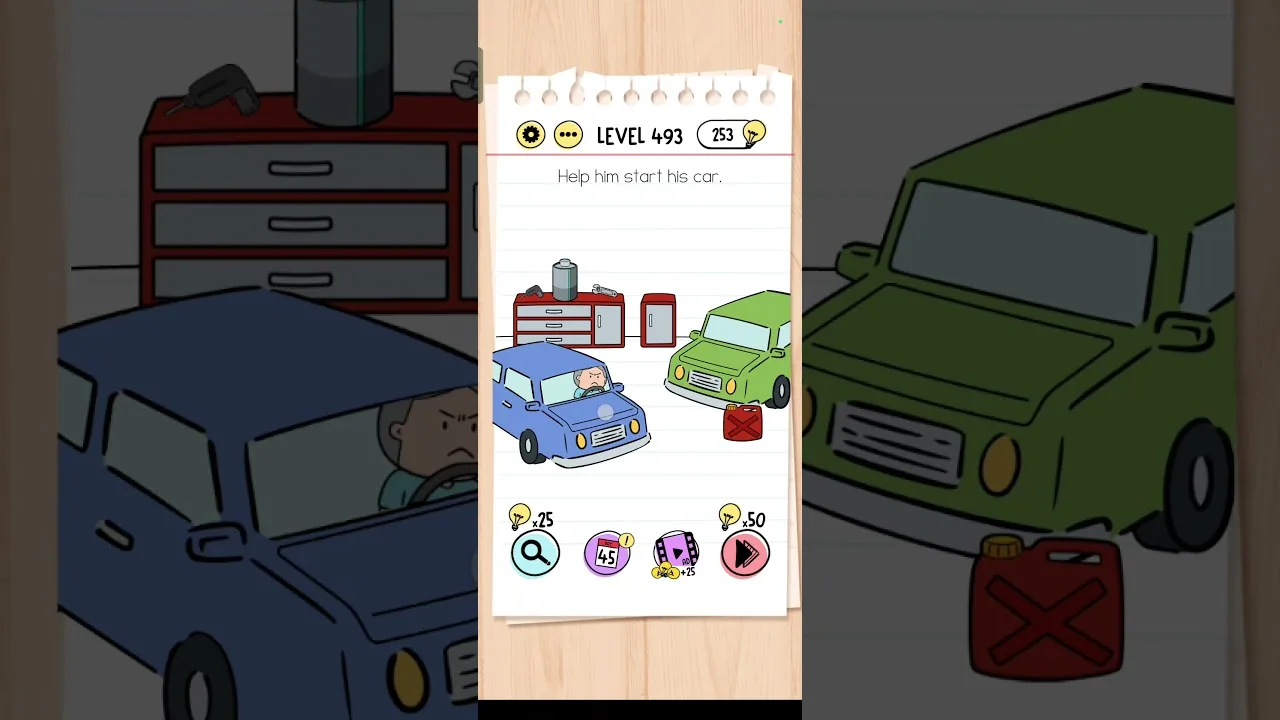 Brain Test Level 493 Help him start his car. gameplay screenshot