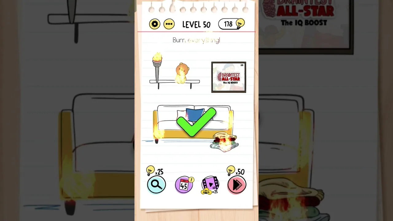 Brain Test Level 50 Burn everything! gameplay screenshot