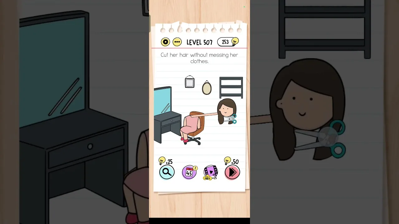 Brain Test Level 507 Cut her hair without messing her clothes. gameplay screenshot